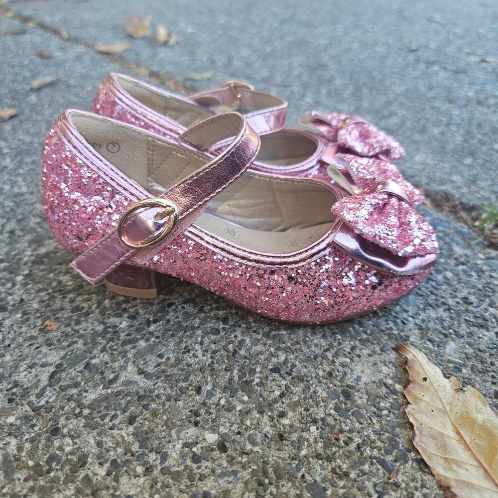 Pandanija Kids Girls Sparkly Pink Glitter Bow Mary Jane‎ Shoes Size 7
